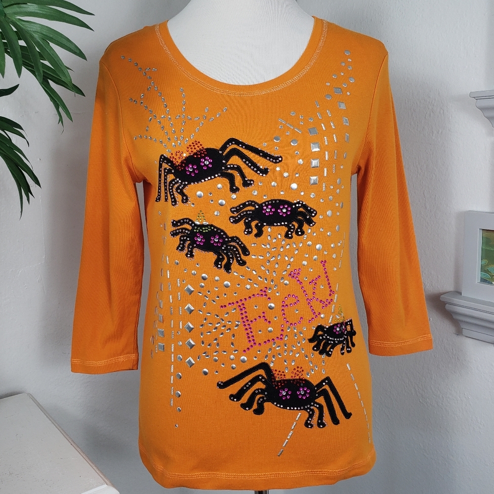 Onque Casuals Halloween Orange w/ Black Spiders Silver Studs Pullover sz S/M